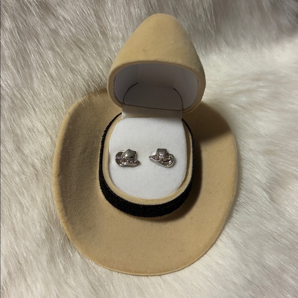 Cowboy Hat Shaped Jewelry Box with Silver Earrings